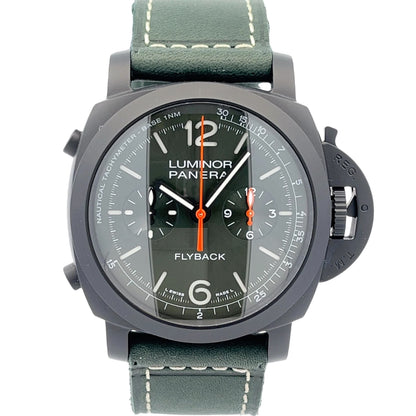 Panerai Luminor Chronograph Flyback 44mm Ceramic Green Dial PAM01498 - Beverly Hills Watch Company