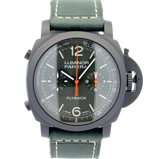 Panerai Luminor Chronograph Flyback 44mm Ceramic Green Dial PAM01498 - Beverly Hills Watch Company