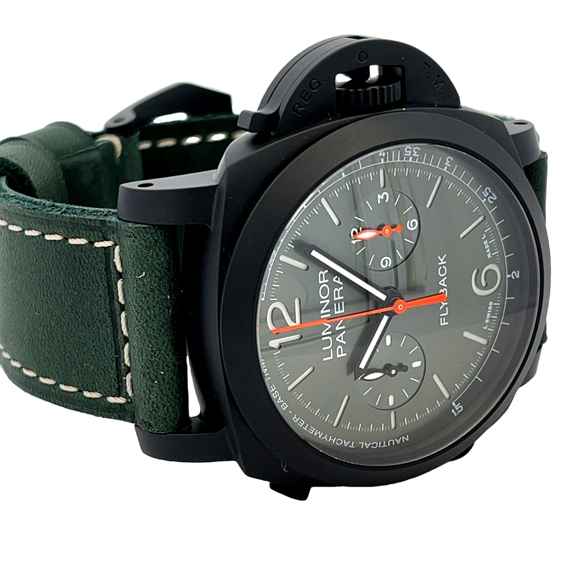 Panerai Luminor Chronograph Flyback 44mm Ceramic Green Dial PAM01498 - Beverly Hills Watch Company