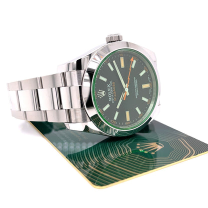 Rolex Milgauss 40mm Green Crystal Stainless Steel Black Dial 116400 8WRHY5 - Beverly Hills Watch Company