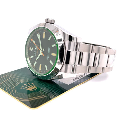 Rolex Milgauss 40mm Green Crystal Stainless Steel Black Dial 116400 8WRHY5 - Beverly Hills Watch Company