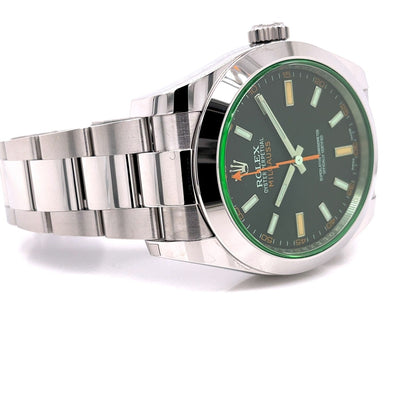 Rolex Milgauss 40mm Green Crystal Stainless Steel Black Dial 116400 8WRHY5 - Beverly Hills Watch Company