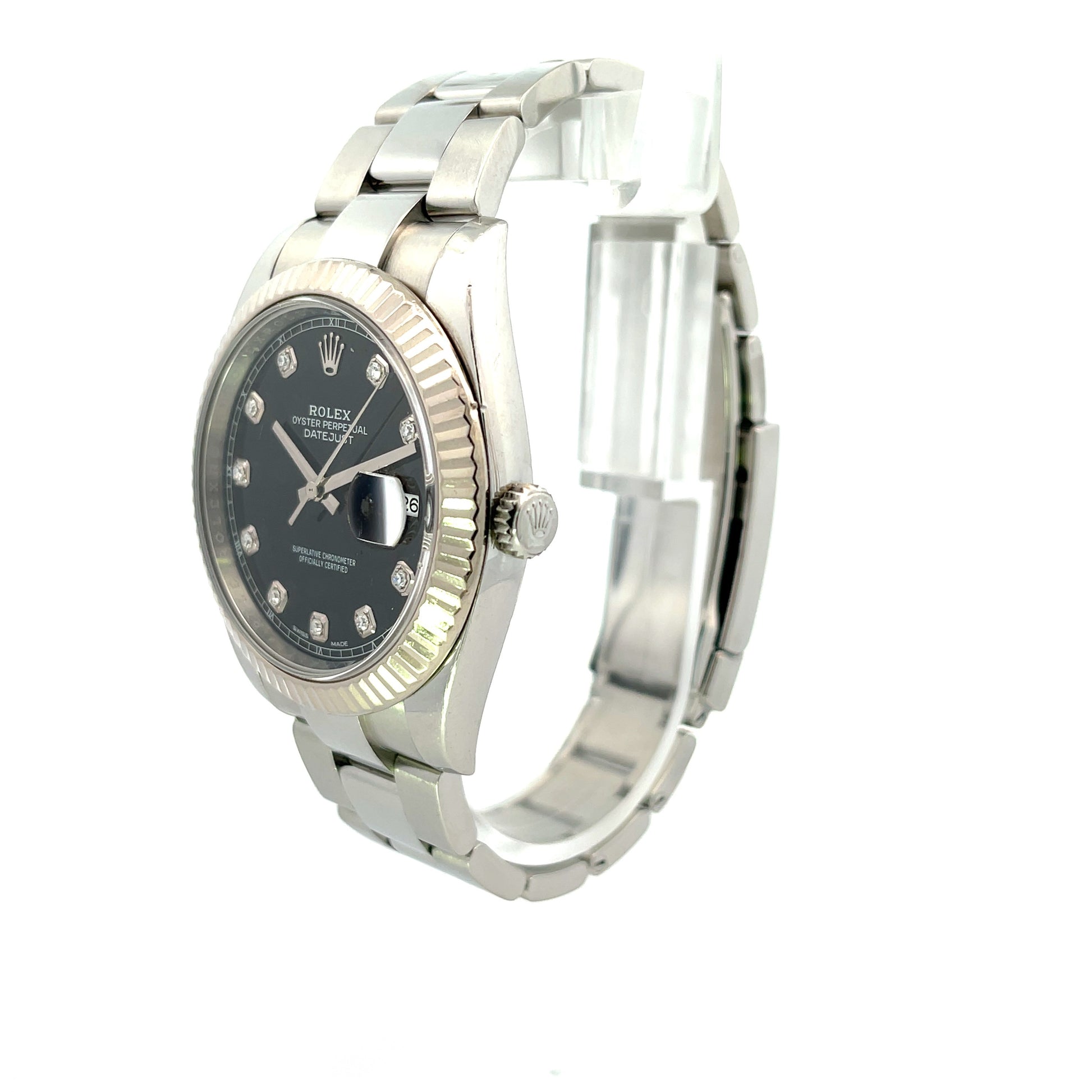 Rolex Datejust 41mm 18k White Gold Bezel Stainless Steel Black Diamond Dial 126334 - Beverly Hills Watch Company