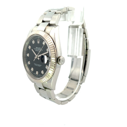 Rolex Datejust 41mm 18k White Gold Bezel Stainless Steel Black Diamond Dial 126334 - Beverly Hills Watch Company