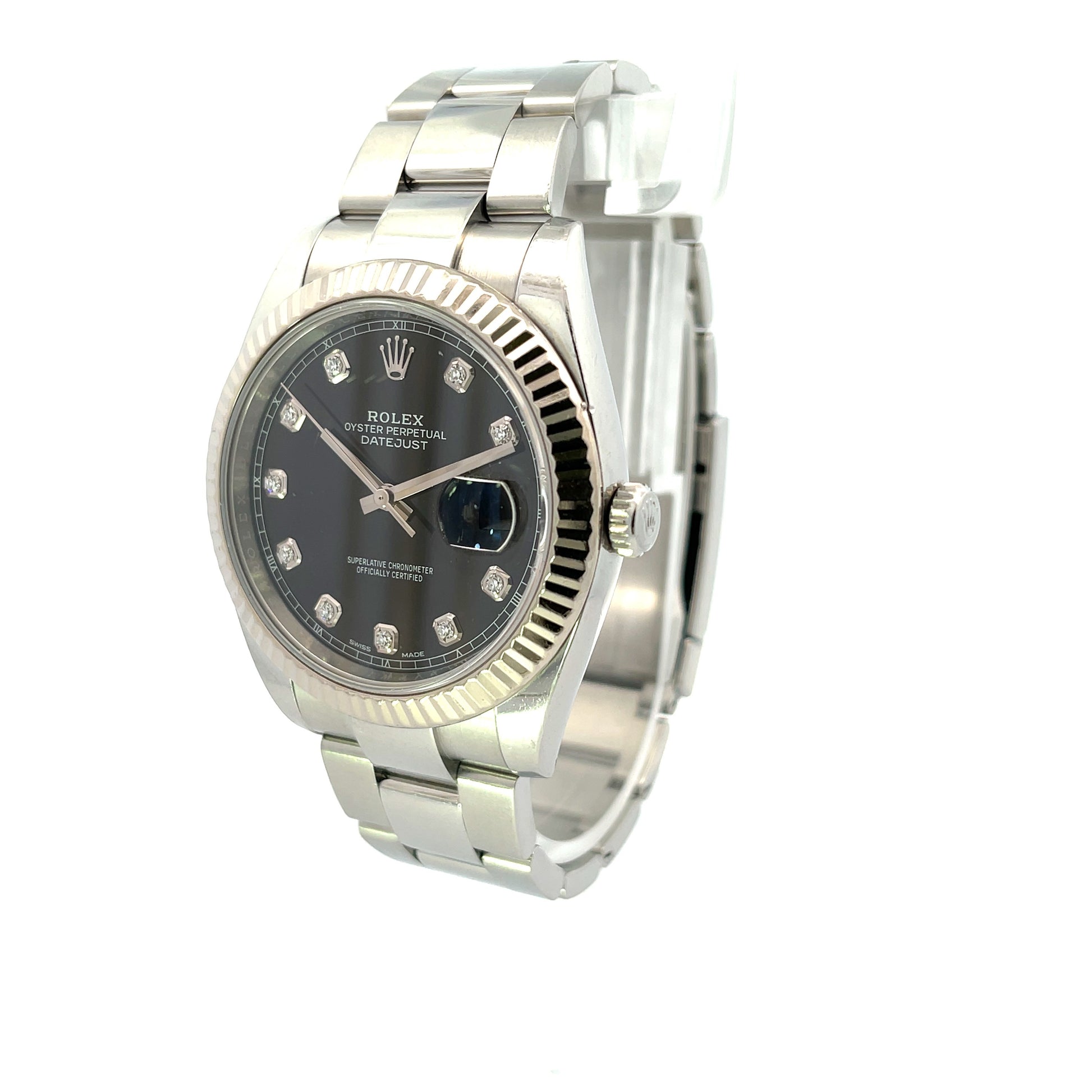 Rolex Datejust 41mm 18k White Gold Bezel Stainless Steel Black Diamond Dial 126334 - Beverly Hills Watch Company