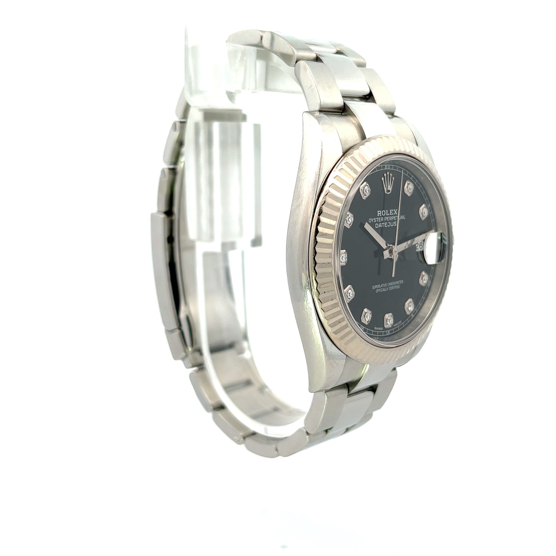Rolex Datejust 41mm 18k White Gold Bezel Stainless Steel Black Diamond Dial 126334 - Beverly Hills Watch Company