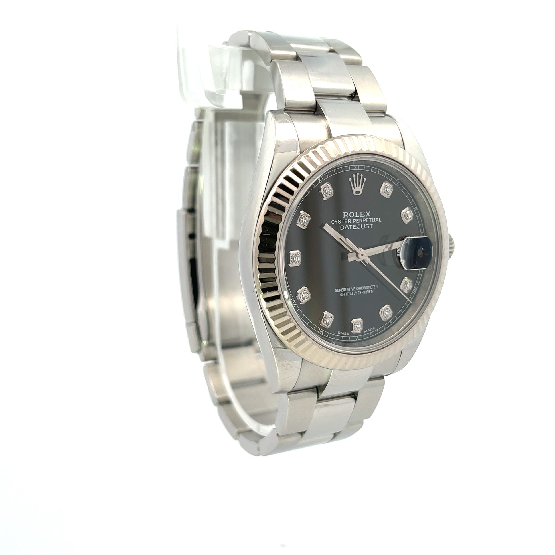 Rolex Datejust 41mm 18k White Gold Bezel Stainless Steel Black Diamond Dial 126334 - Beverly Hills Watch Company