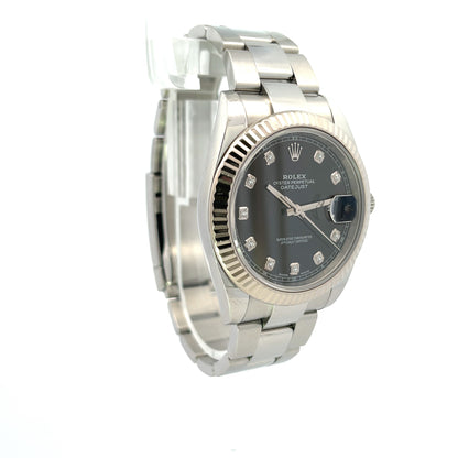 Rolex Datejust 41mm 18k White Gold Bezel Stainless Steel Black Diamond Dial 126334 - Beverly Hills Watch Company