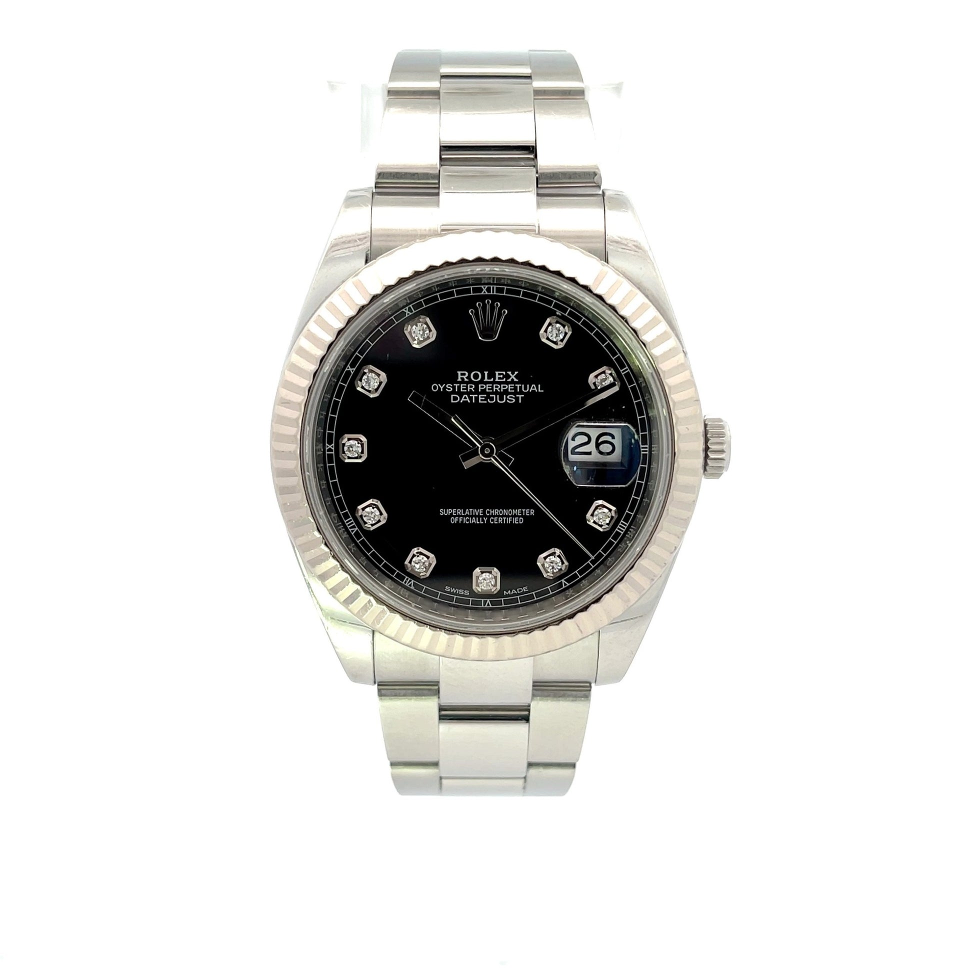 Rolex Datejust 41mm 18k White Gold Bezel Stainless Steel Black Diamond Dial 126334 - Beverly Hills Watch Company