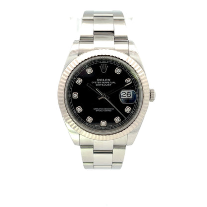 Rolex Datejust 41mm 18k White Gold Bezel Stainless Steel Black Diamond Dial 126334 - Beverly Hills Watch Company