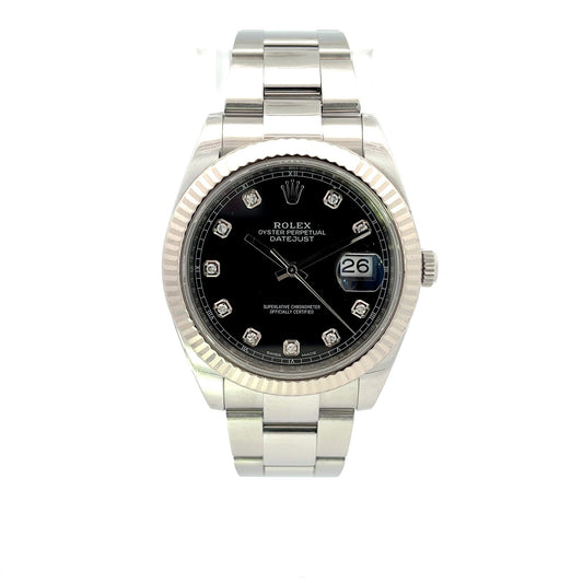 Rolex Datejust 41mm 18k White Gold Bezel Stainless Steel Black Diamond Dial 126334 - Beverly Hills Watch Company