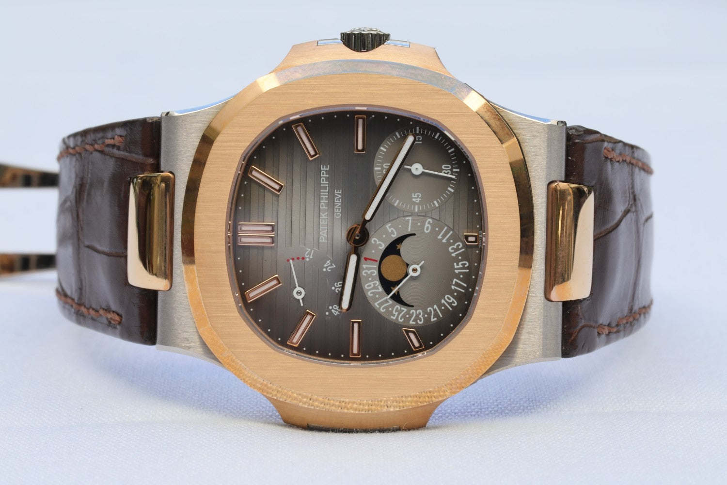 Patek Philippe Nautilus Rose Gold and Stainless Power Reserve Moon Dial 5712GR-001 - Beverly Hills Watch Company