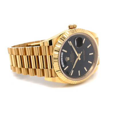 Rolex Day-Date President 40MM Yellow Gold Fluted Bezel Black Motif Dial 228238 - Beverly Hills Watch Company