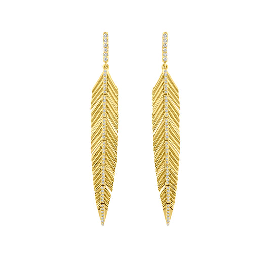 Feather Drop Yellow Gold and Diamond Earrings