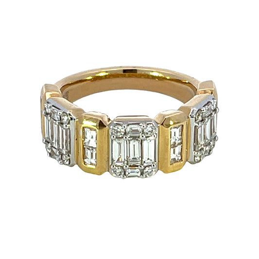 Yellow and White 18k Gold Multi-Natural Baguettes and Round Diamond Ring