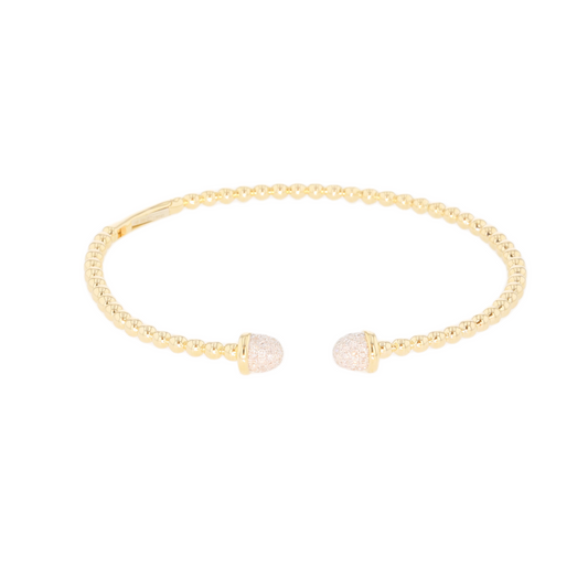 14k Yellow Gold Beaded Bangle Bracelet With Natural Pave Diamond Endcaps