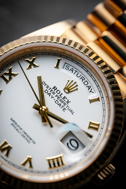 Rolex Day-Date 36mm Yellow Gold President White Dial Gold Roman 128238