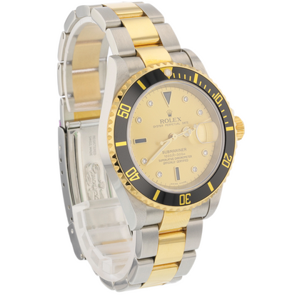 Rolex Submariner Steel and Yellow Gold Champagne Serti Diamond Dial 16613