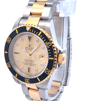 Rolex Submariner Steel and Yellow Gold Champagne Serti Diamond Dial 16613