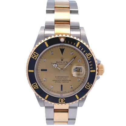 Rolex Submariner Steel and Yellow Gold Champagne Serti Diamond Dial 16613