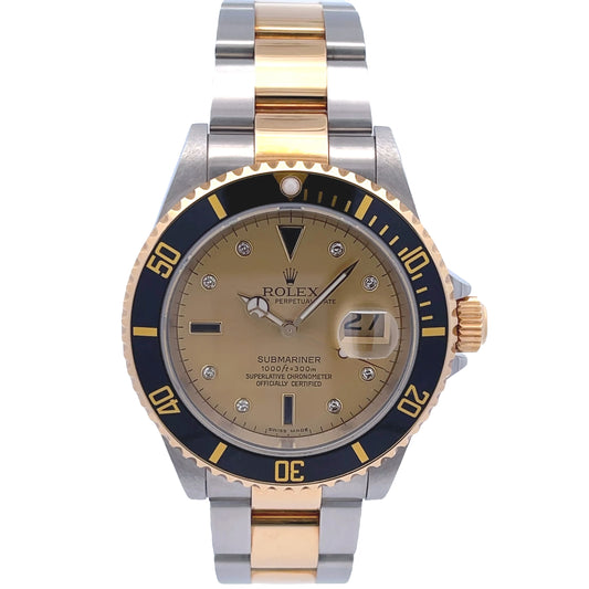 Rolex Submariner Steel and Yellow Gold Champagne Serti Diamond Dial 16613