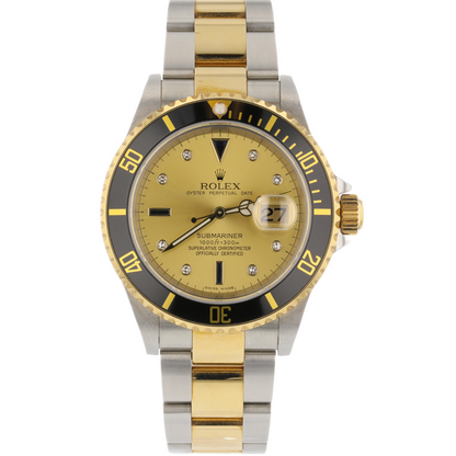 Rolex Submariner Steel and Yellow Gold Champagne Serti Diamond Dial 16613