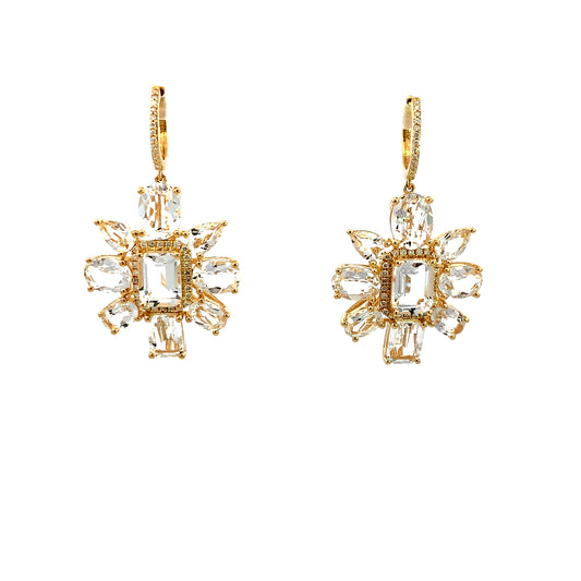 Snowflake Dangling Earrings in 14k Yellow Gold with White Diamonds & White Topaz