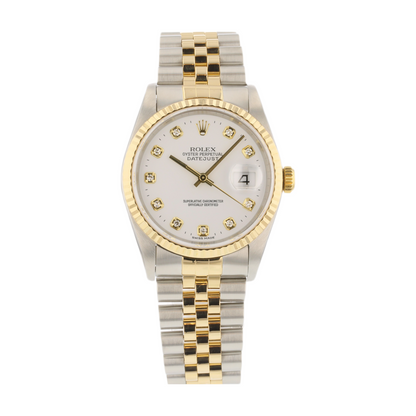Rolex Datejust 36mm 18K Yellow Gold and Stainless White Diamond Dial Jubilee 16233