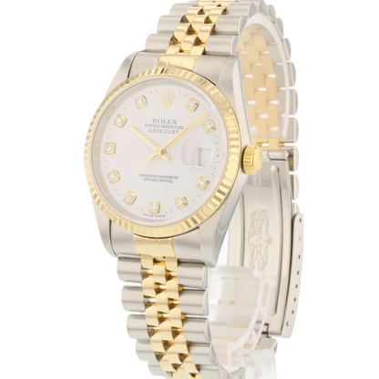 Rolex Datejust 36mm 18K Yellow Gold and Stainless White Diamond Dial Jubilee 16233