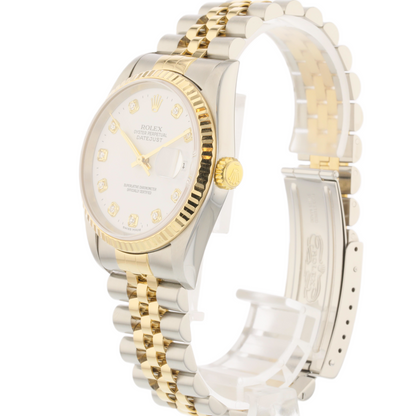 Rolex Datejust 36mm 18K Yellow Gold and Stainless White Diamond Dial Jubilee 16233