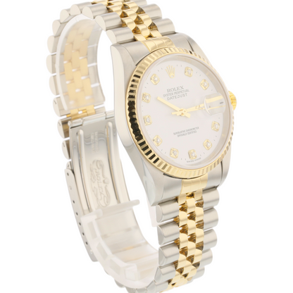 Rolex Datejust 36mm 18K Yellow Gold and Stainless White Diamond Dial Jubilee 16233