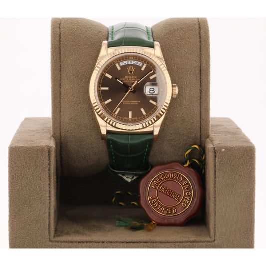 Rolex Day Date 36MM Everose Chocolate Dial Tobacco Alligator Strap 118135 WAVJJ3