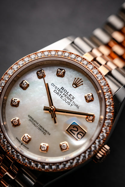 Rolex Datejust 36mm Everose and Stainless Steel Diamond Bezel Mother of Pearl 126281RBR