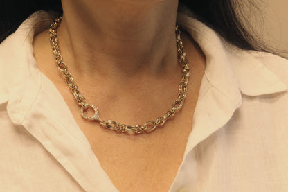 Yellow Gold Double Oval Link Diamond Clasp Necklace
