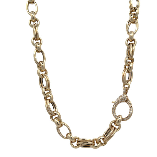 Yellow Gold Double Oval Link Diamond Clasp Necklace