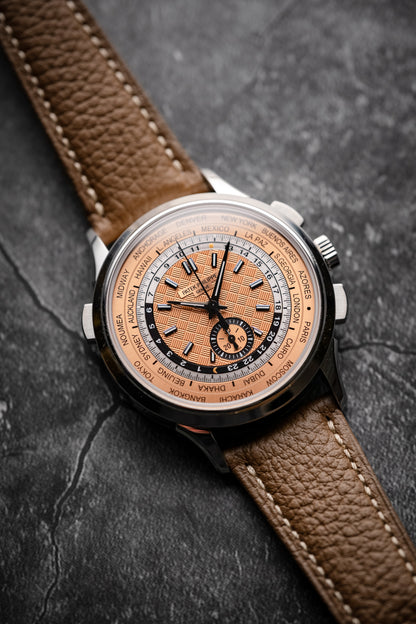 Patek Philippe World Time Flyback Chronograph Stainless Steel Rose Dial 5935a-001