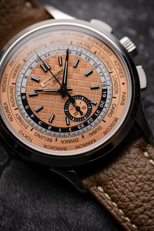 Patek Philippe World Time Flyback Chronograph Stainless Steel Rose Dial 5935a-001