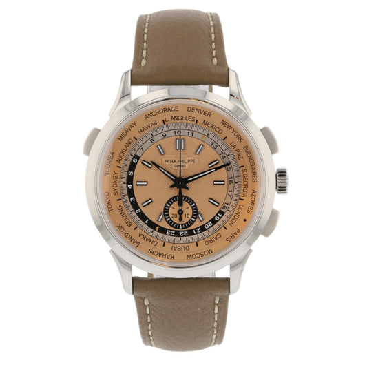 Patek Philippe World Time Flyback Chronograph Stainless Steel Rose Dial 5935a-001