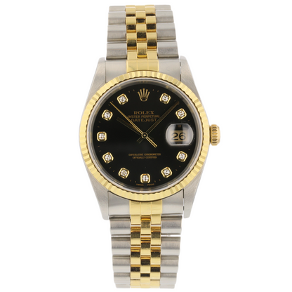 Rolex Datejust 36mm 18K Yellow Gold and Stainless Black Diamond Dial Jubilee 16233