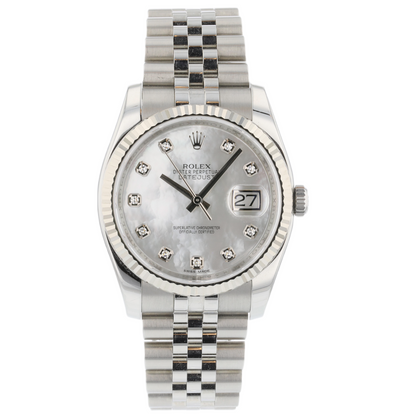 Rolex Datejust 36MM Stainless Steel Fluted Bezel Mother of Pearl Diamond Dial 116234