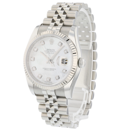 Rolex Datejust 36MM Stainless Steel Fluted Bezel Mother of Pearl Diamond Dial 116234