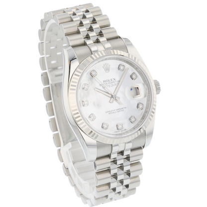 Rolex Datejust 36MM Stainless Steel Fluted Bezel Mother of Pearl Diamond Dial 116234
