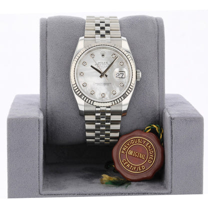 Rolex Datejust 36MM Stainless Steel Fluted Bezel Mother of Pearl Diamond Dial 116234