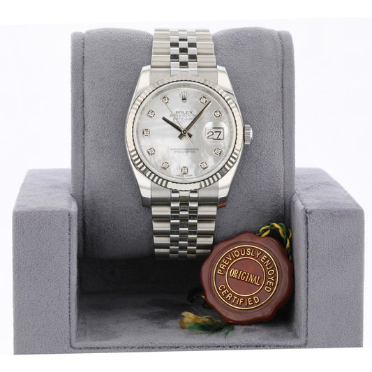 Rolex Datejust 36MM Stainless Steel Fluted Bezel Mother of Pearl Diamond Dial 116234