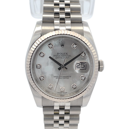 Rolex Datejust 36MM Stainless Steel Fluted Bezel Mother of Pearl Diamond Dial 116234
