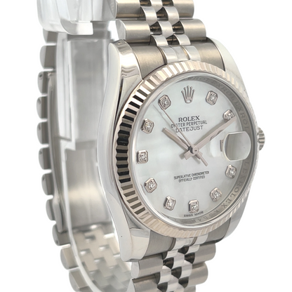 Rolex Datejust 36MM Stainless Steel Fluted Bezel Mother of Pearl Diamond Dial 116234