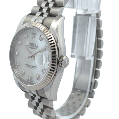 Rolex Datejust 36MM Stainless Steel Fluted Bezel Mother of Pearl Diamond Dial 116234