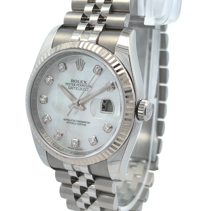 Rolex Datejust 36MM Stainless Steel Fluted Bezel Mother of Pearl Diamond Dial 116234