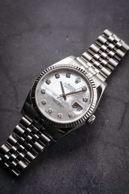Rolex Datejust 36MM Stainless Steel Fluted Bezel Mother of Pearl Diamond Dial 116234