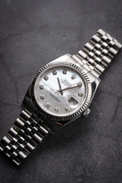 Rolex Datejust 36MM Stainless Steel Fluted Bezel Mother of Pearl Diamond Dial 116234